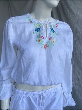 Linen Embroidered Boho Crop Peasant Blouse White